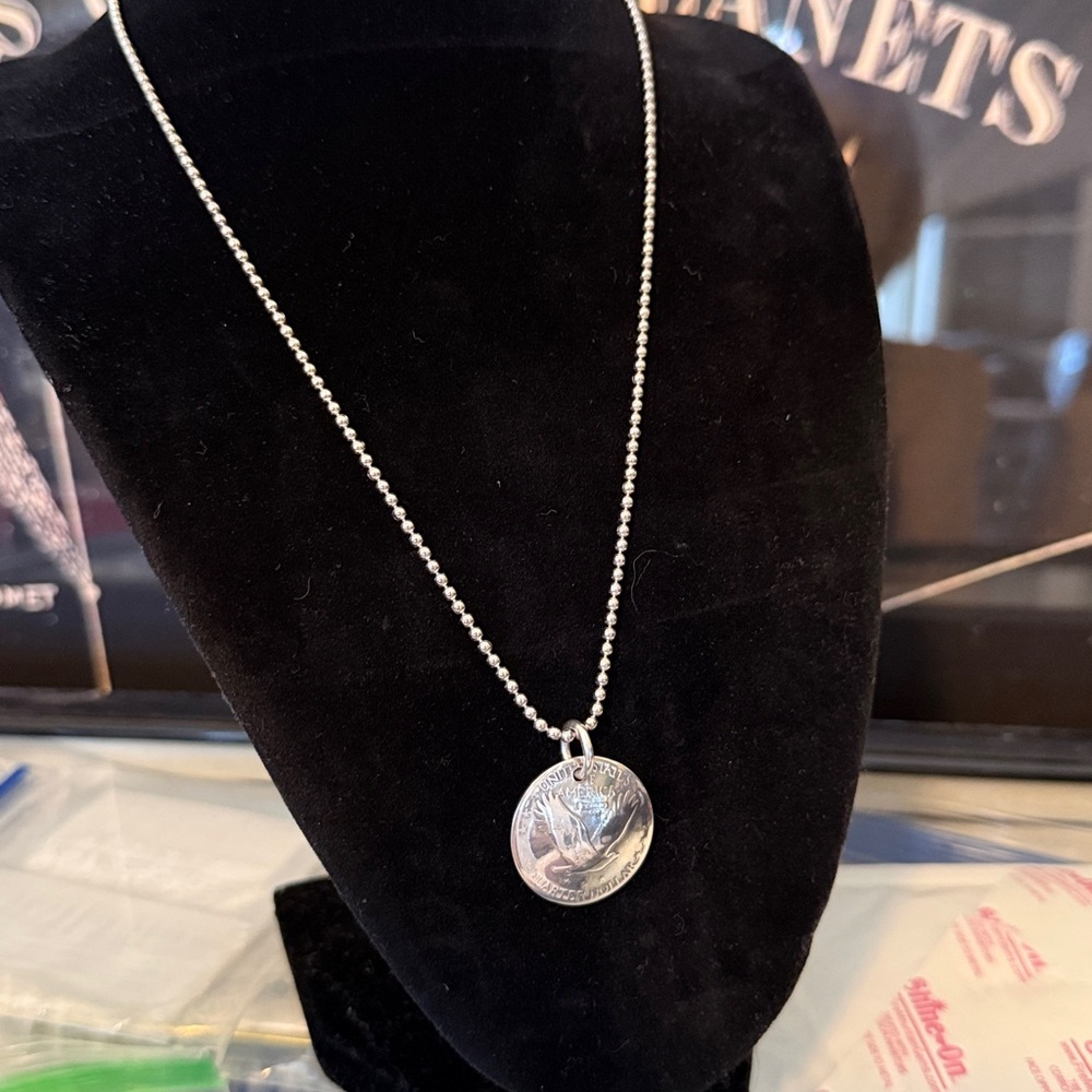 United States Lady Liberty Solid Silver Quarter Pendant Necklace on Sterling 18”